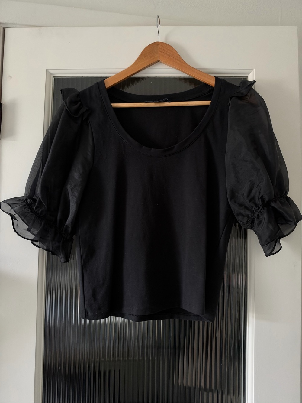 French Connection Black Puff Sleeve Scoop Neck Crop Top